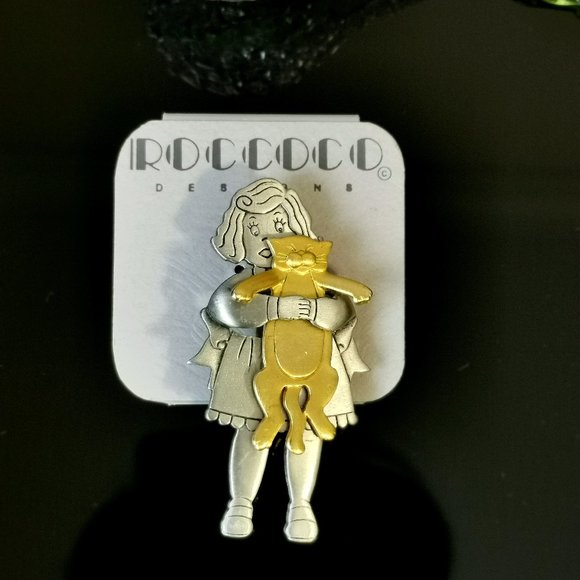 Vintage JJ Jonette Jewelry Girl holding cat Brooch Pin-moveable - Picture 2 of 4